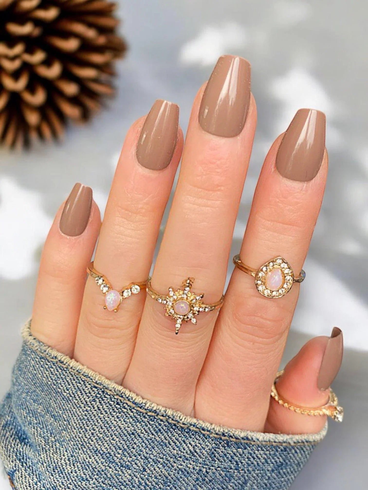 Opaque Medium Brown Glossy Nails — Short Coffin Nails