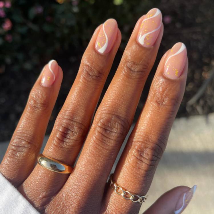 Peachy Nude with White Swirls and Gold Flakes Peachy Nude with White Swirls and Gold Flakes — Nude Nails