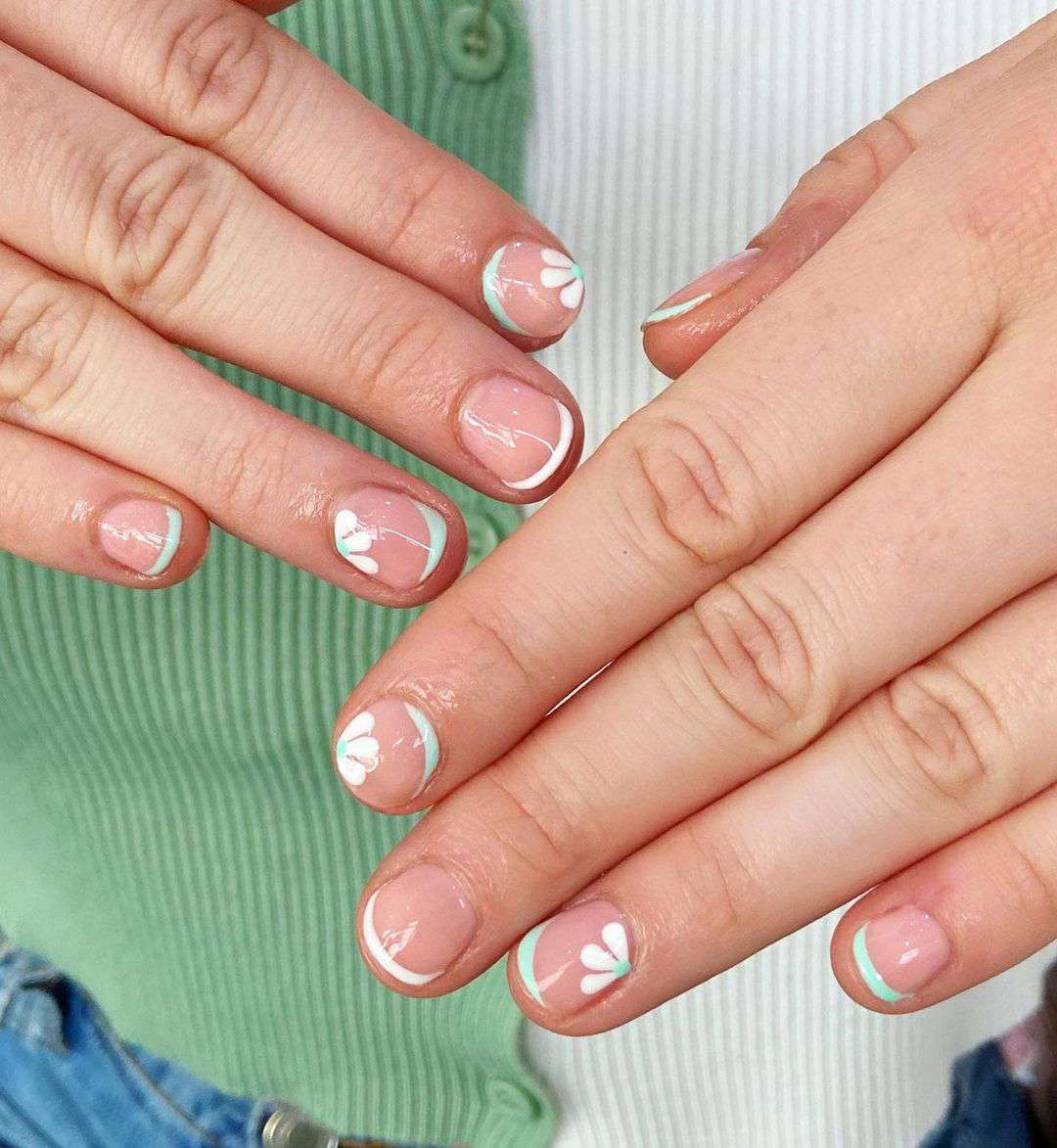 Sheer Pink French With Mint Floral Tips — Very Short Nails