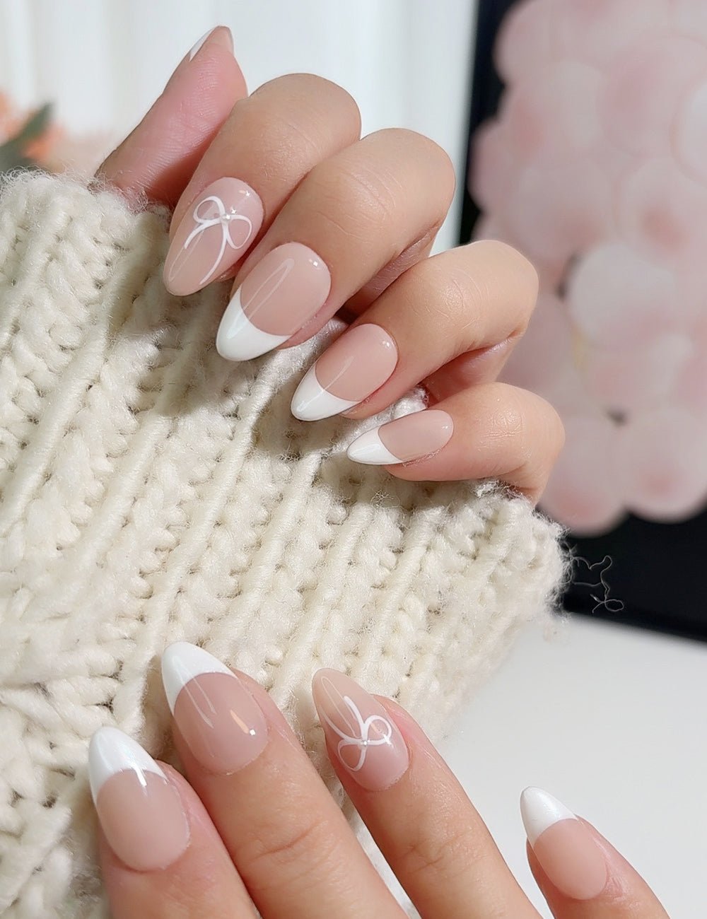 Subtle White Bow French Almond Nails Subtle White Bow French Almond Nails — Bow Nails