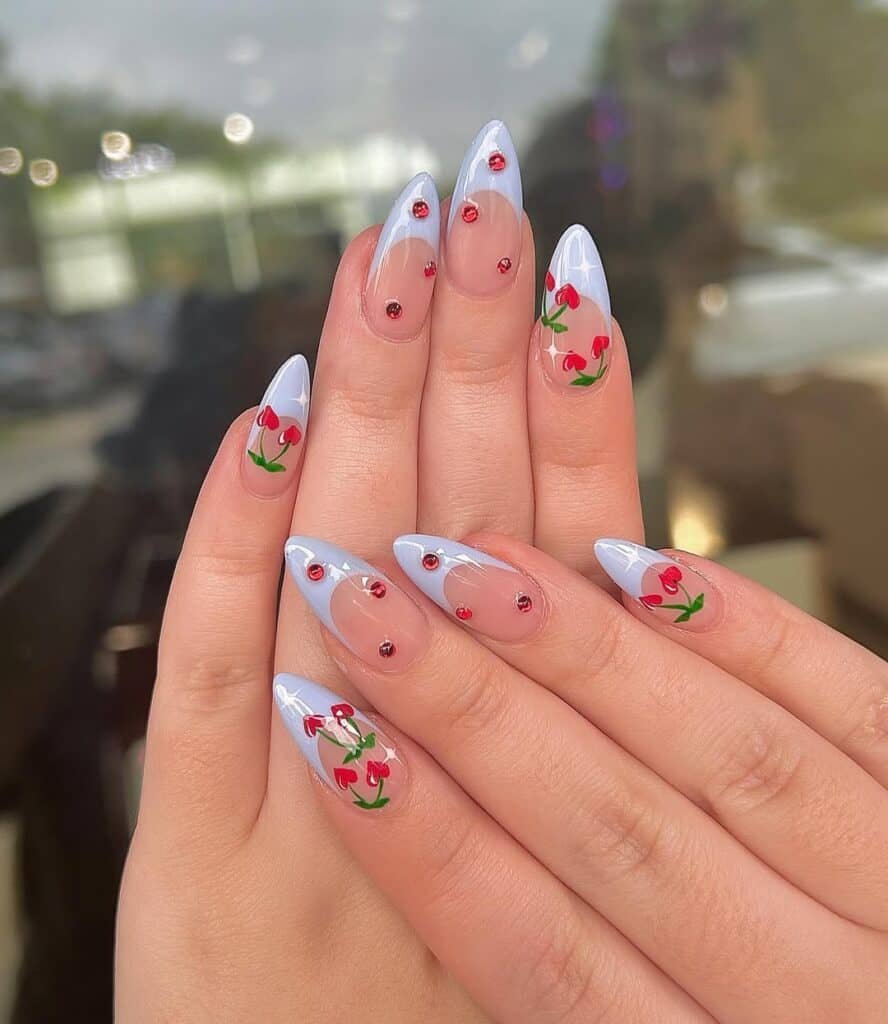 Long Stiletto Light Blue French With Cherry Rhinestones Long Stiletto Light Blue French With Cherry Rhinestones — Cherry Nails