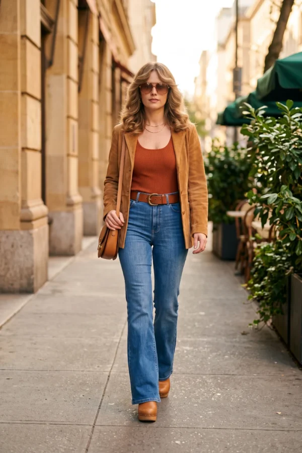 Tan Suede Jacket and Flared Jeans for Classic Casual Tan Suede Jacket and Flared Jeans for Classic Casual — 70s Outfits