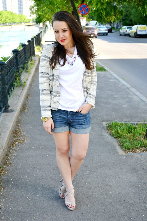 Textured Blazer with T-shirt, Denim Shorts, and Strappy Sandals Textured Blazer with T-shirt, Denim Shorts, and Strappy Sandals — Preppy Outfits