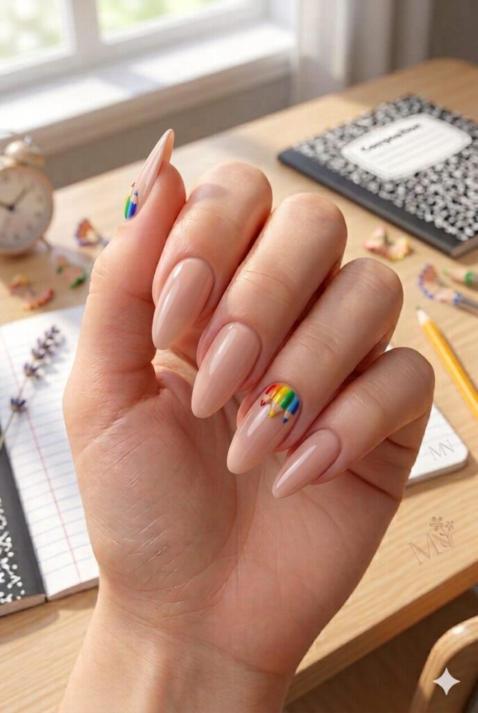 Medium Almond Rainbow Pencil Nails Medium Almond Rainbow Pencil Nails — School Nails