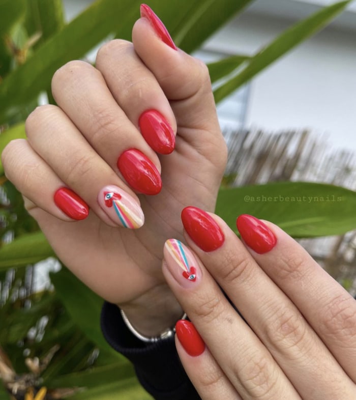 Red With Cherry and Rainbow Stripe Accents — Red Nails