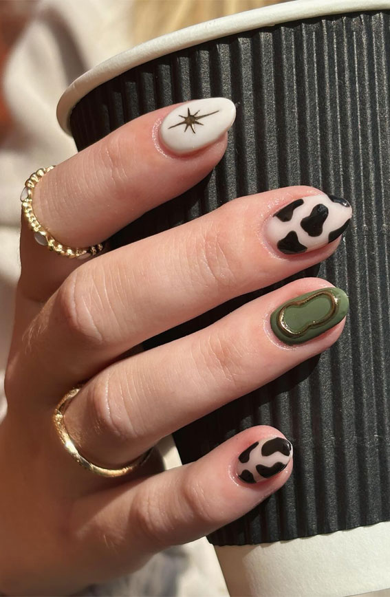 Olive Green Abstract Cow Print Accent Olive Green Abstract Cow Print Accent — Cow Print Nails