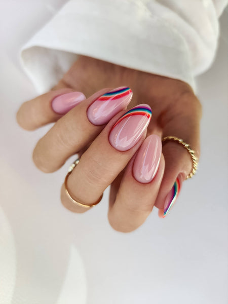 Nude Base Rainbow Stripe Oval Nails — Rainbow Nails