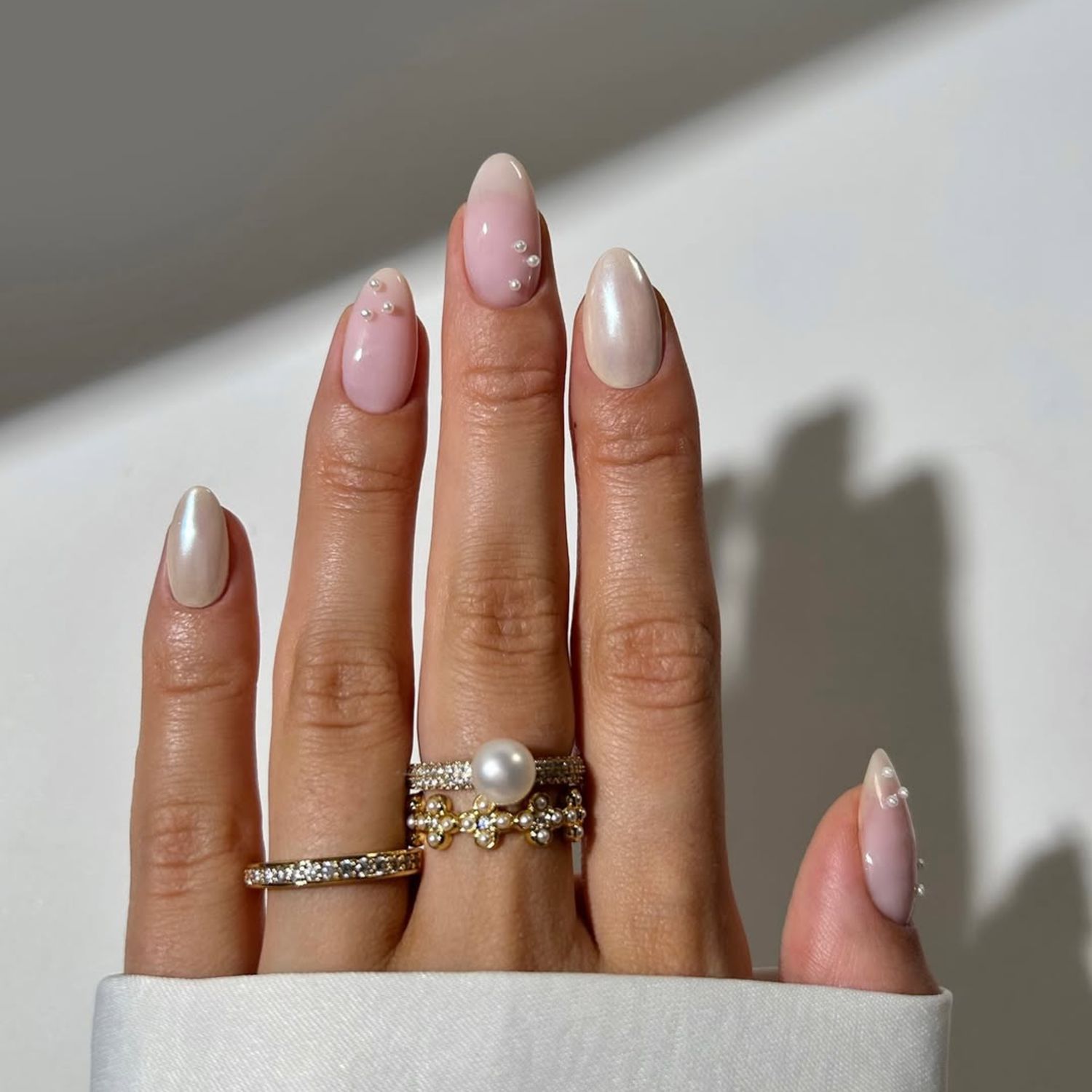 Pale Pink Ivory Pearl Cluster Nails — Pearl Nails