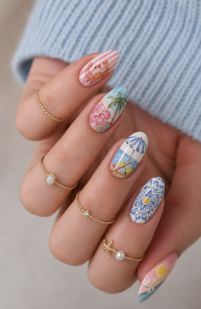 Mediterranean Manicure : Italian Riviera Nails with Beach Scenes, Blue Tiles & Coastal Art