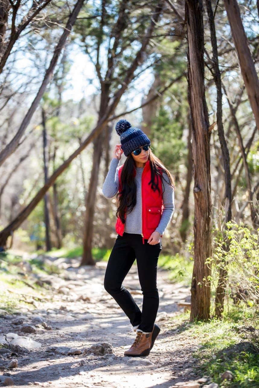 Grey Long-Sleeve Shirt with Red Puffer Vest for Fall — Hiking Outfits