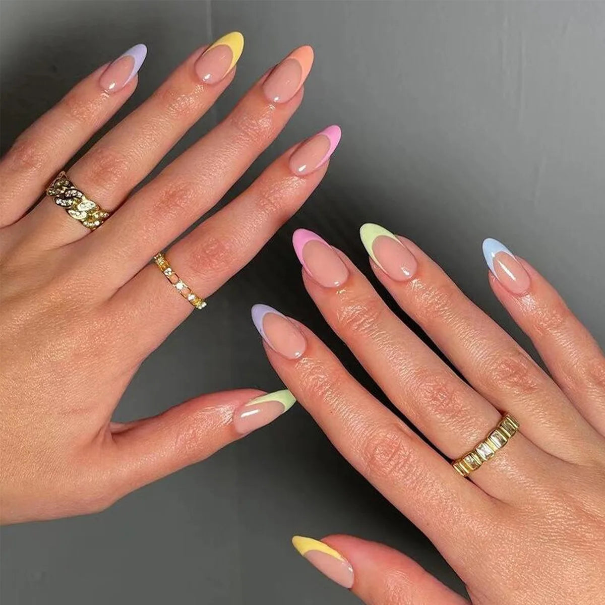 Soft Pastel French Tips on Almond Nails Soft Pastel French Tips on Almond Nails — Colored French Tip Nails