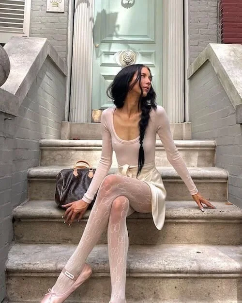 Pale Pink Top with A-Line Skirt and Patterned Tights Pale Pink Top with A-Line Skirt and Patterned Tights — Balletcore Outfits