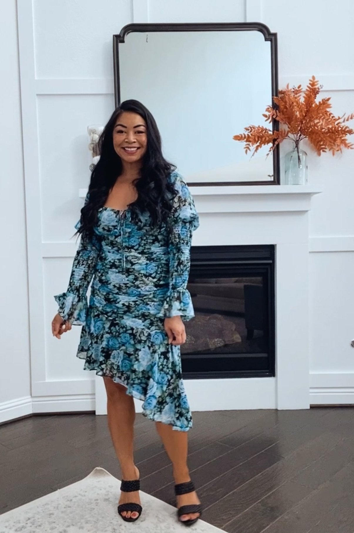 Blue Floral Print Asymmetrical Hem Dress with Black Heels — Date Night Outfits
