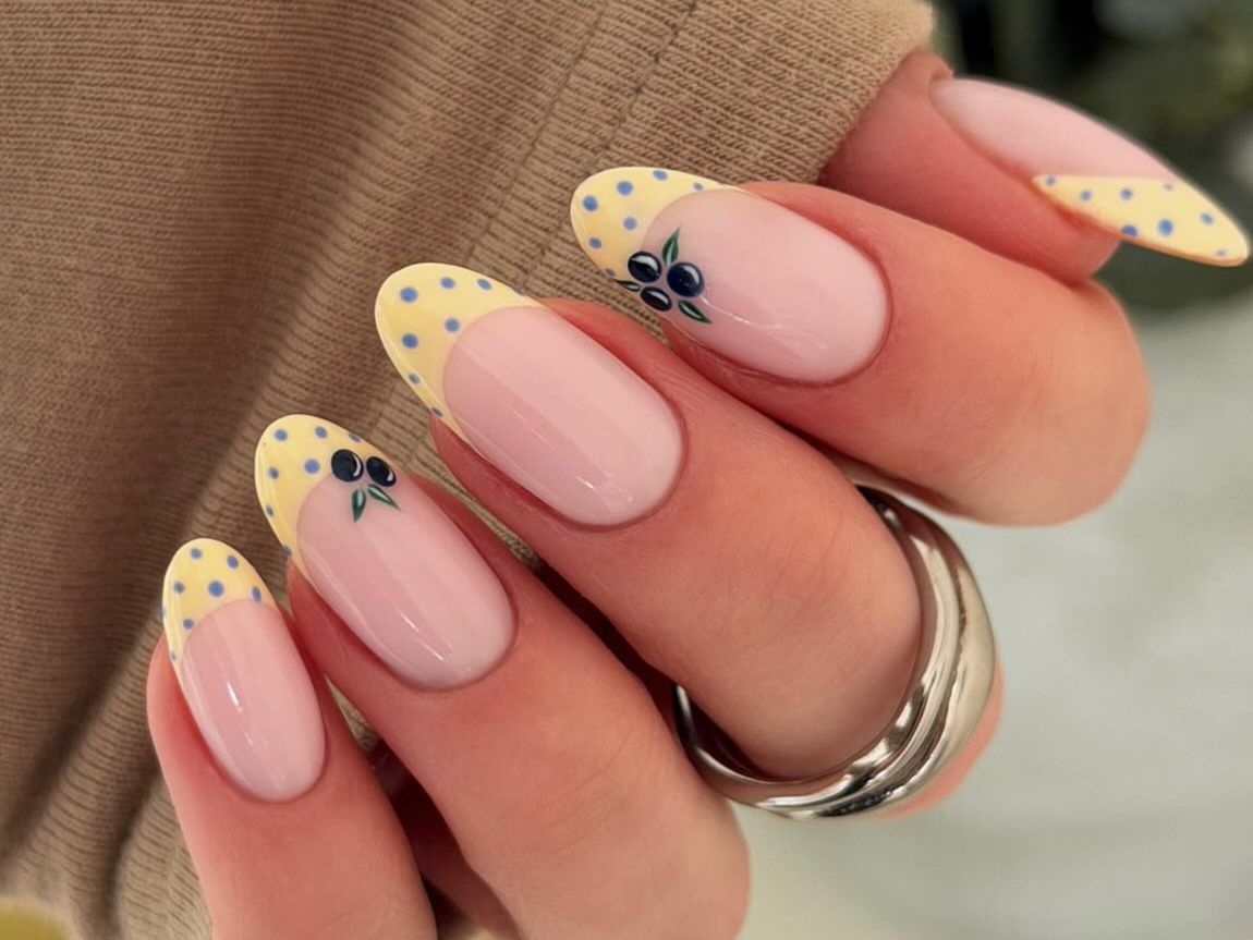Pale Yellow French with Blueberry Accents — Yellow Nails