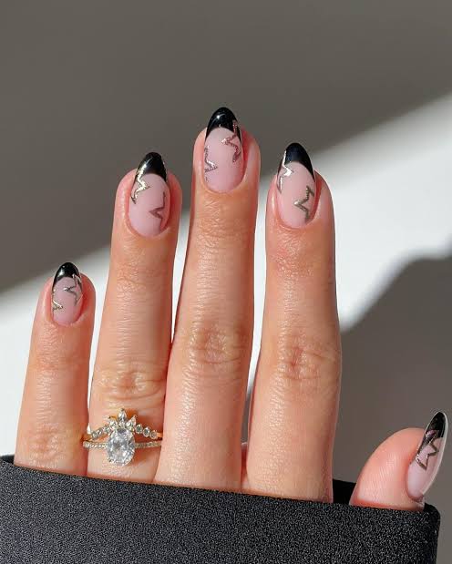 Black French Tips with Silver Wavy Lines Black French Tips with Silver Wavy Lines — Black French Tip Nails
