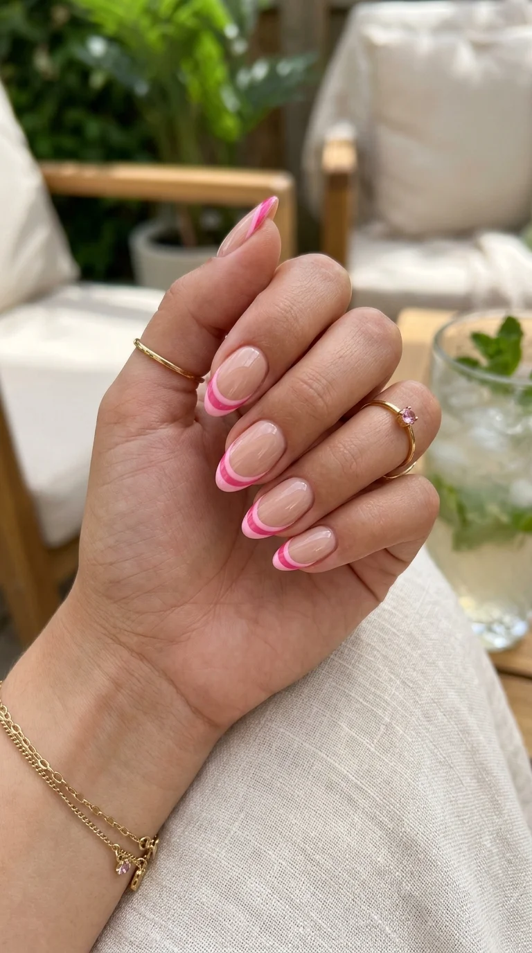 Sheer Pink Base Bright Pink Lines Visual Idea — Double French Nails