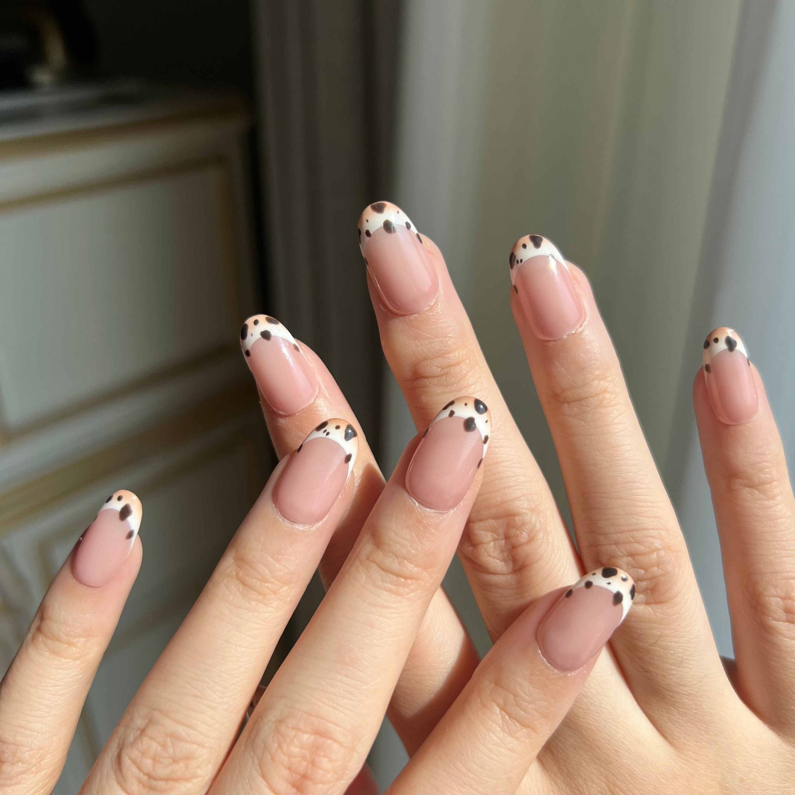 Cow Print French Tips — Short Oval Nails