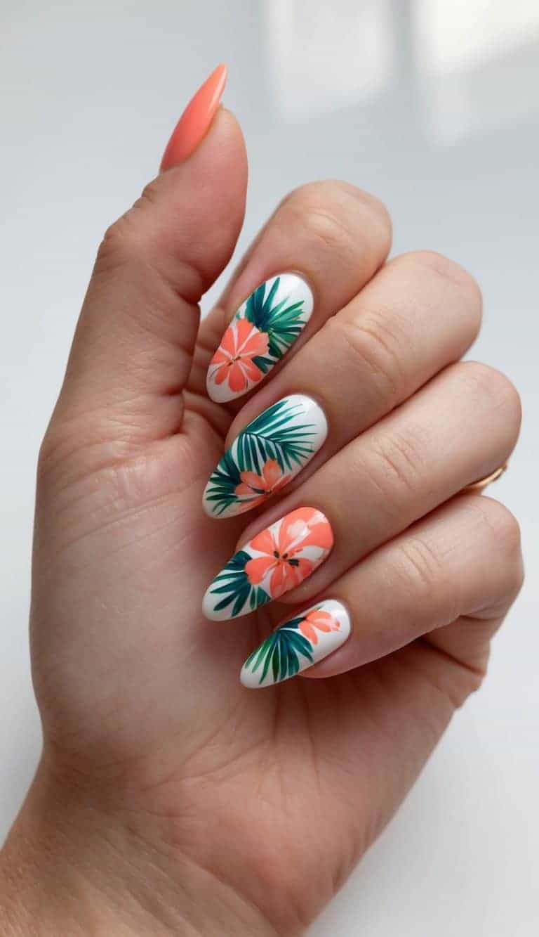 Floral And Palm Leaf Motifs On All Nails Visual Idea Floral And Palm Leaf Motifs On All Nails Visual Idea — Tropical Nails