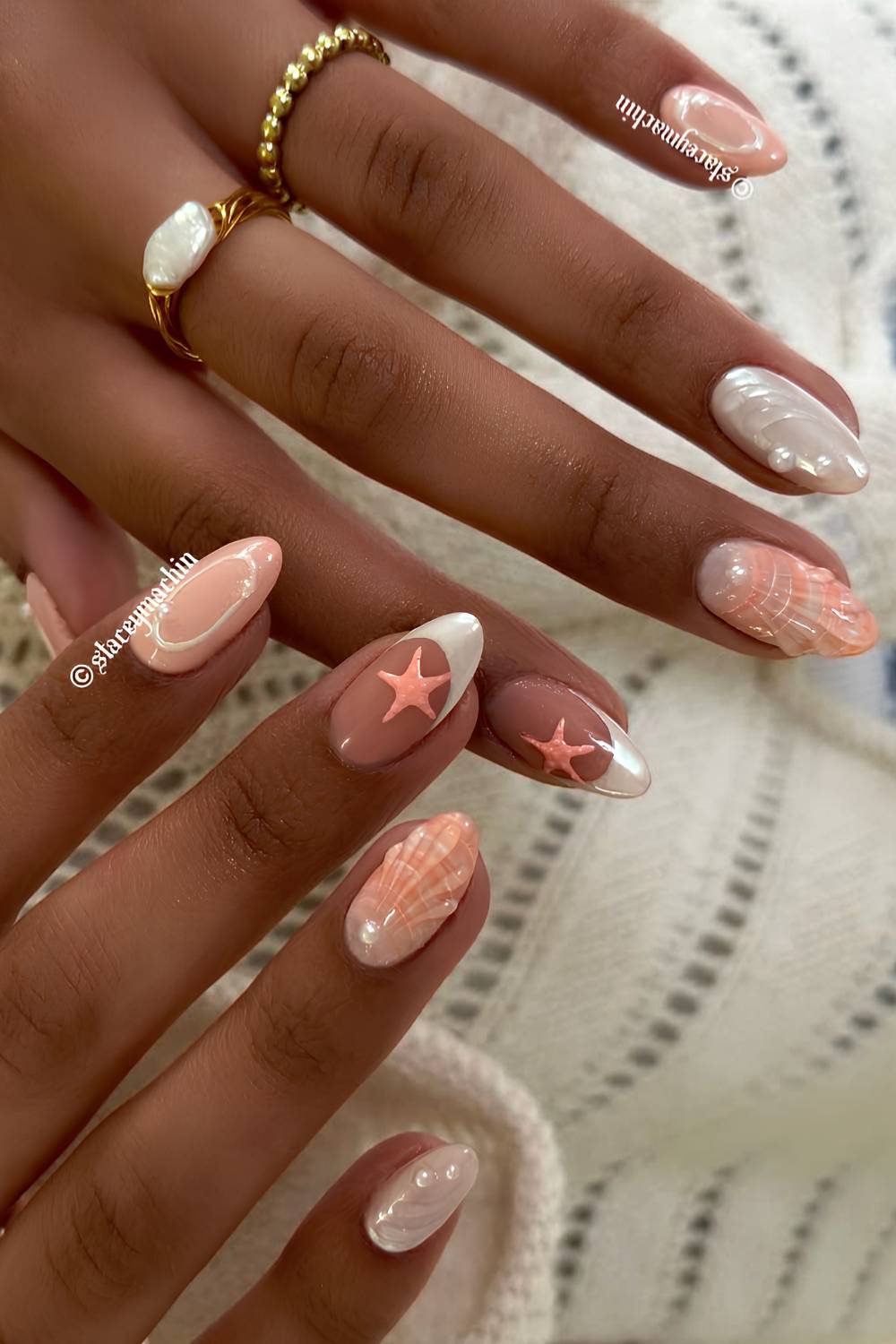 Pearlescent Seashell Starfish with Pearls — Beach Nails