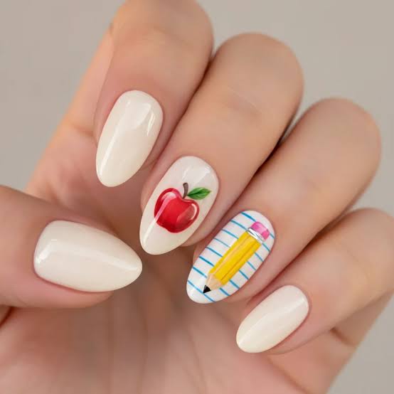 Medium Oval Apple & Pencil Stripe Nails Medium Oval Apple & Pencil Stripe Nails — School Nails