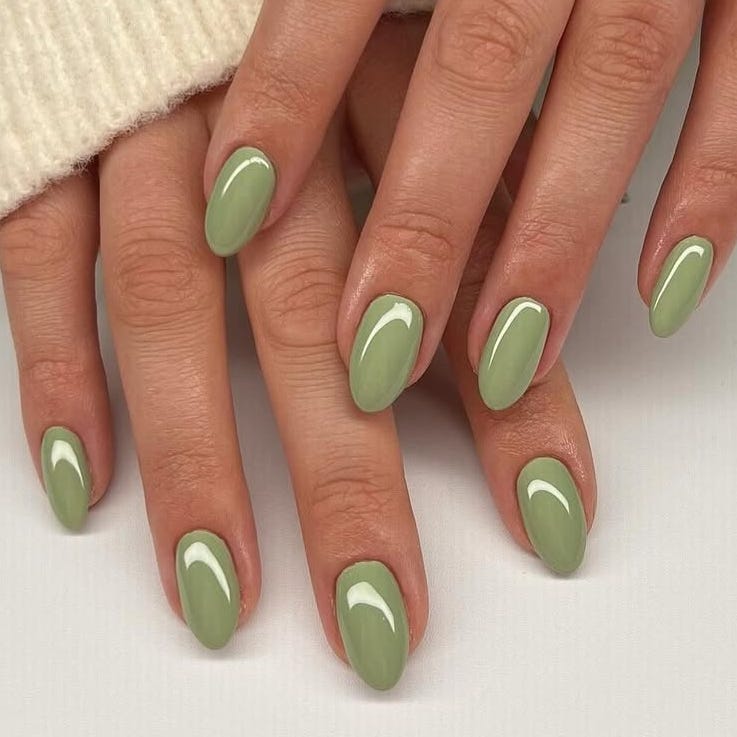 Muted Sage Green Yellow Undertone Glossy Nails — Nails for Olive Skin