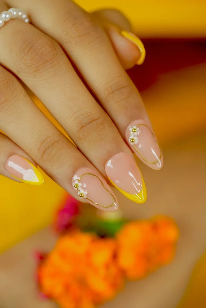 Yellow French Tips with Gold Floral Art Yellow French Tips with Gold Floral Art — Colored French Tip Nails