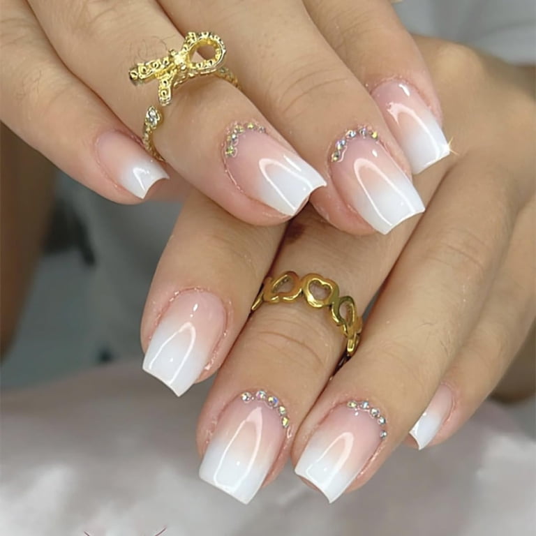 Nude Ombre French with Cuticle Rhinestones — Short Coffin Nails