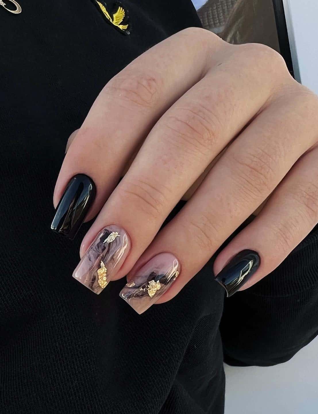Medium Square Black and Marble with Gold Foil — Black and Gold Nails