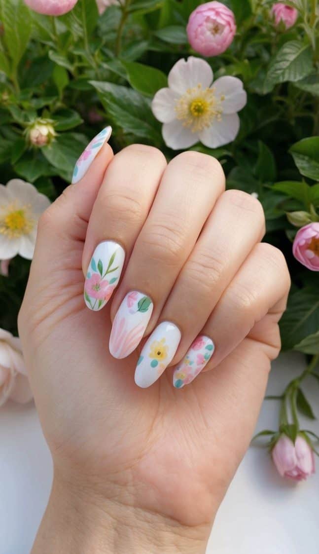 Vibrant Floral Paintings on White Oval Nails Vibrant Floral Paintings on White Oval Nails — Cute Nails