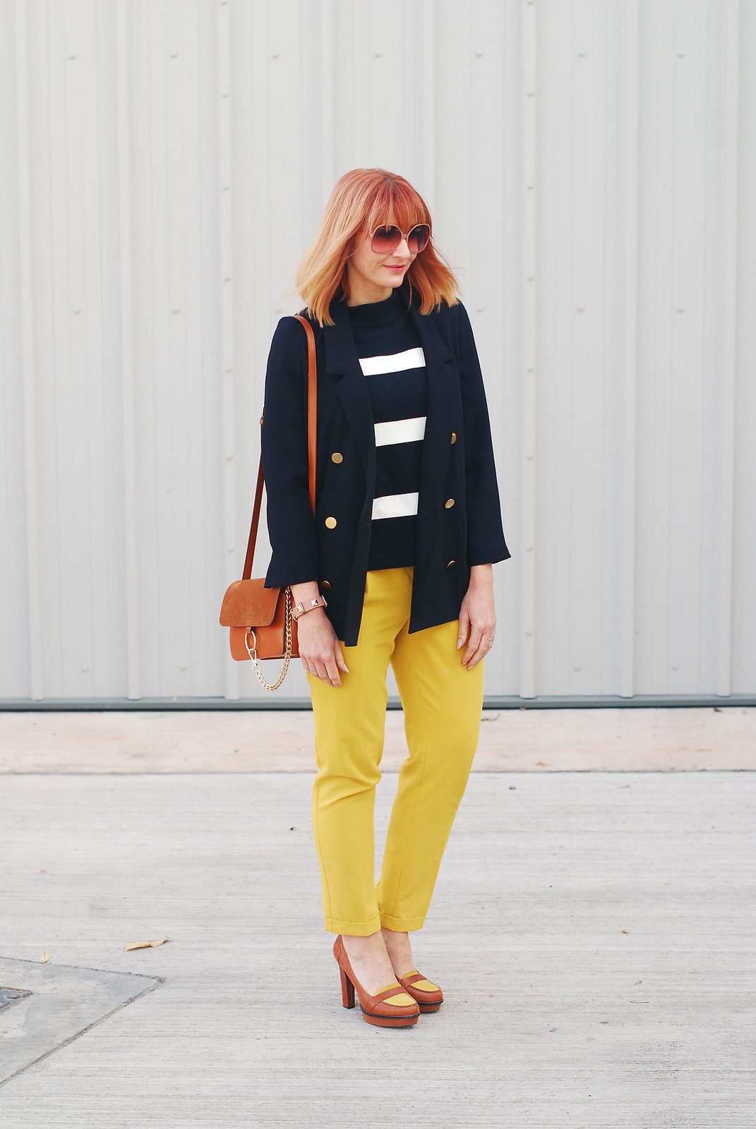 Navy Blazer with Striped Top, Yellow Trousers, and Platform Heels Navy Blazer with Striped Top, Yellow Trousers, and Platform Heels — Preppy Outfits
