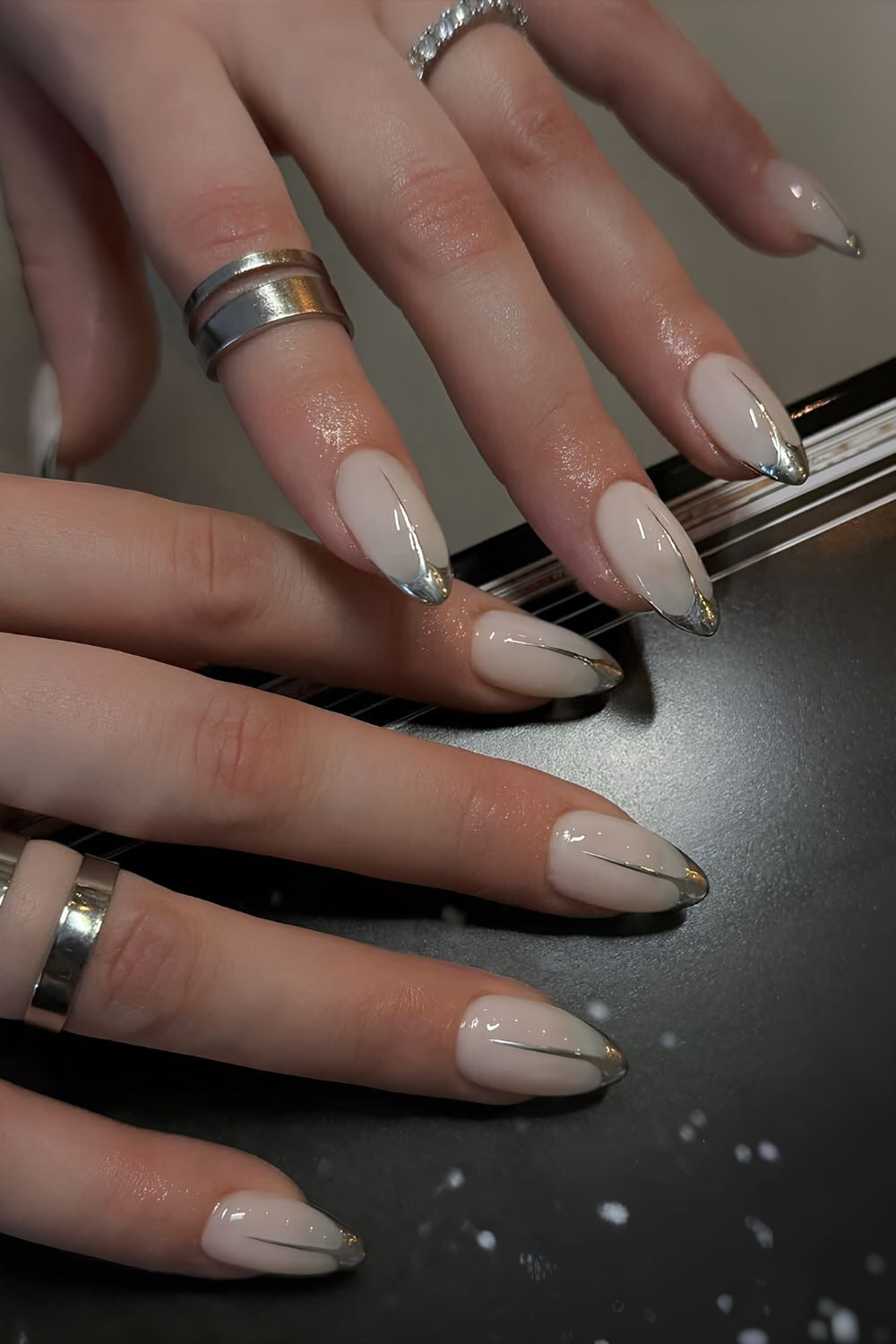 Silver French Tips with Liquid Metal Swirl Accent Silver French Tips with Liquid Metal Swirl Accent — Silver Nails