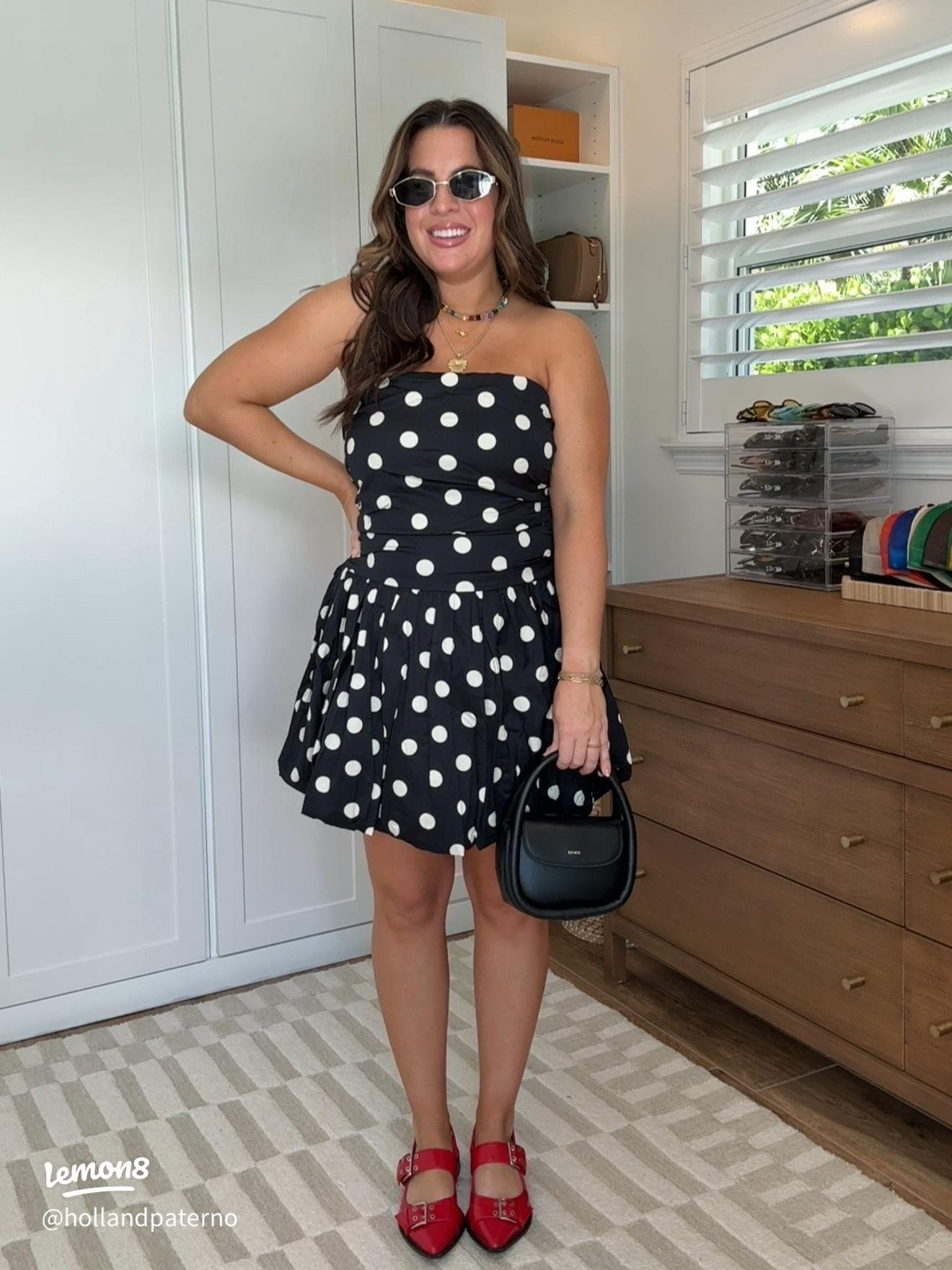 Polka Dot Strapless Dress with Red Flats — Postpartum Outfits