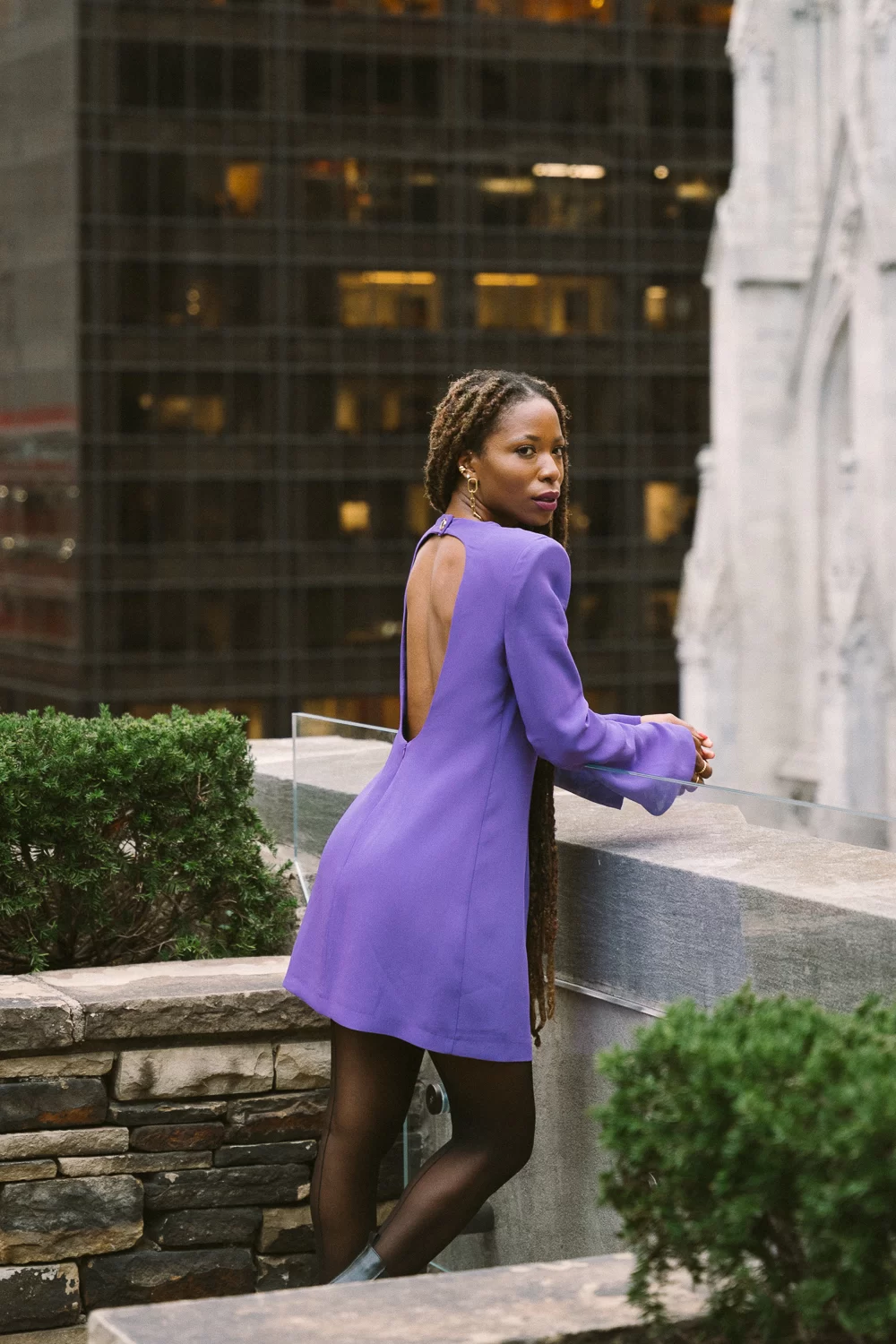 Vibrant Purple Mini Dress with Open Back: Striking Evening Wear Purple Outfits