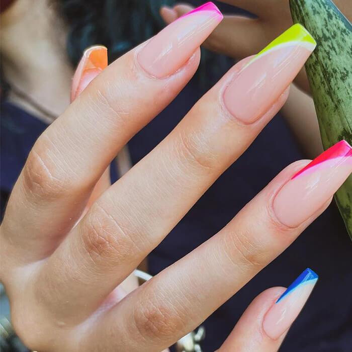 Neon French Tips on Extra-Long Coffin Neon French Tips on Extra-Long Coffin — Negative Space Nails