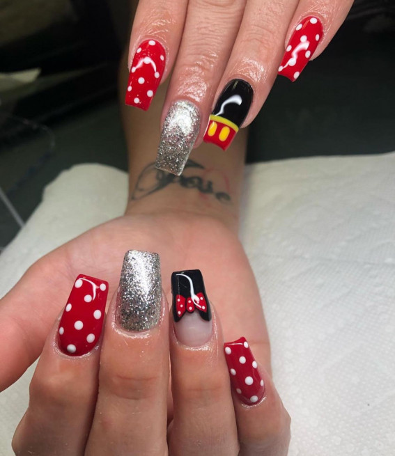 Mickey Shorts Polka Dot Glitter Nails — Disney Nails