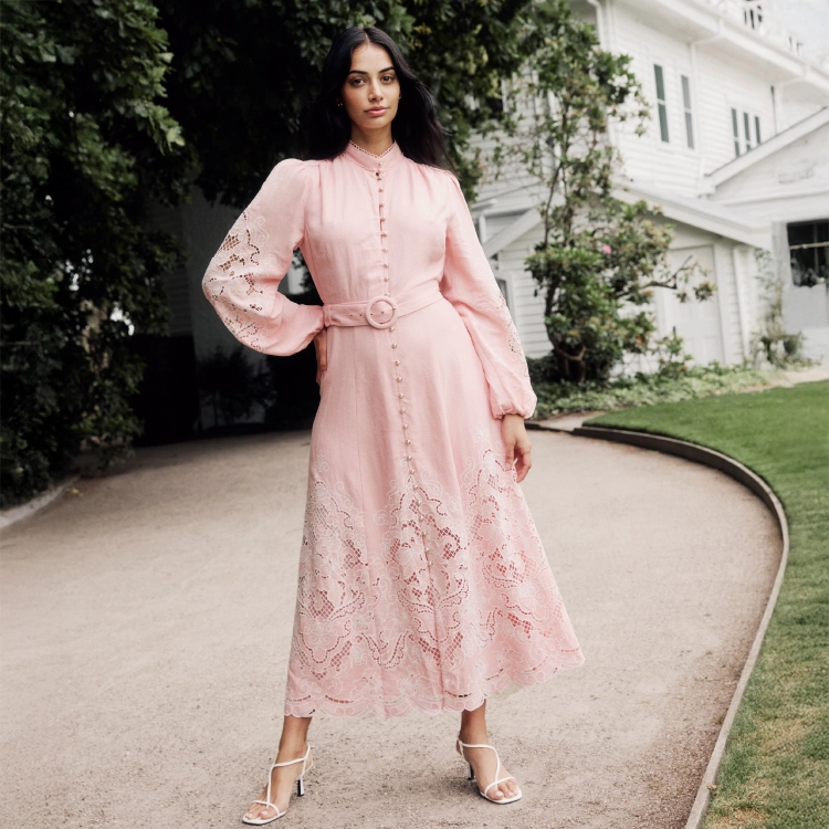 Pale Pink Linen Maxi Dress with Eyelet Lace for Garden Parties Pale Pink Linen Maxi Dress with Eyelet Lace for Garden Parties — Modest Outfits
