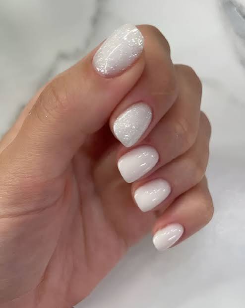 Milky White Almonds with Iridescent Glitter Milky White Almonds with Iridescent Glitter — White Nails
