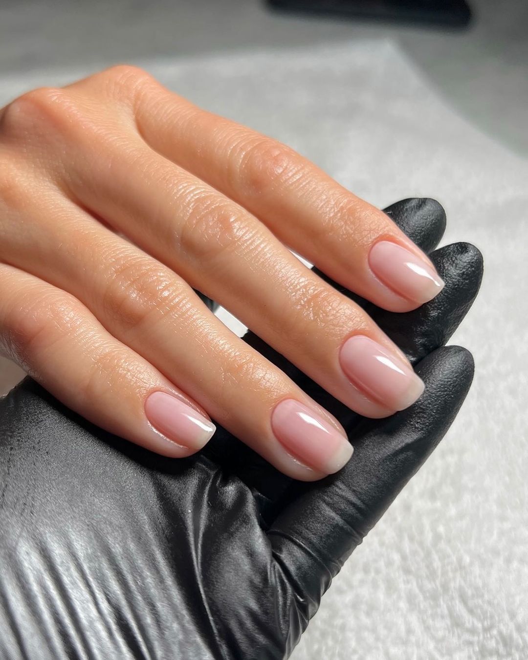 Short Square Blue Half-Moon Accent — Bridesmaid Nails