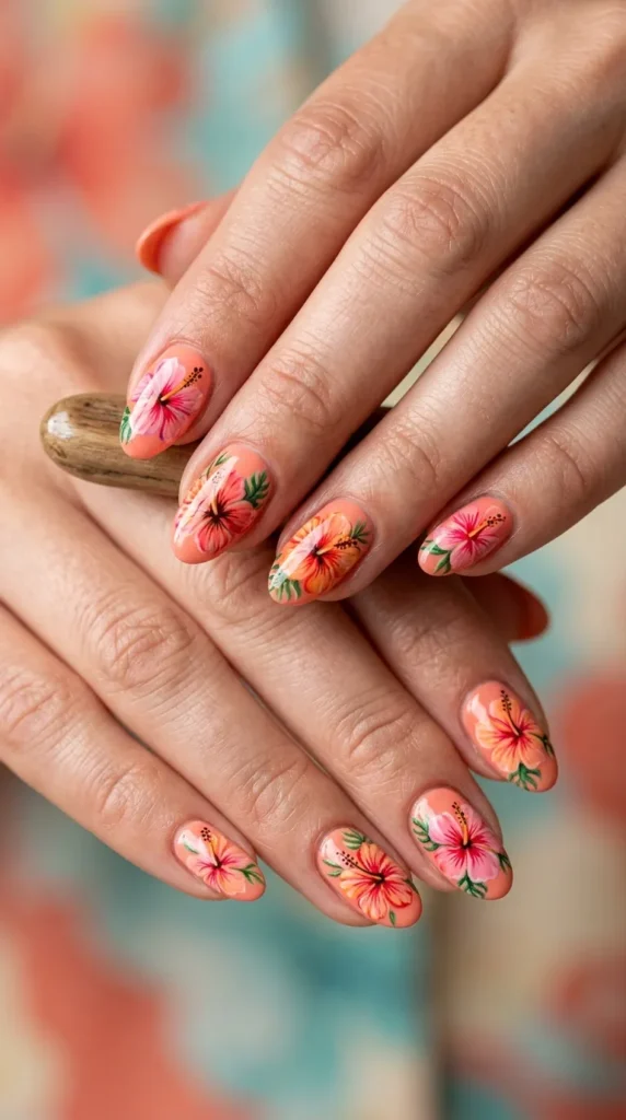 Coral Hibiscus Short Oval Nails Coral Hibiscus Short Oval Nails — Tropical Nails