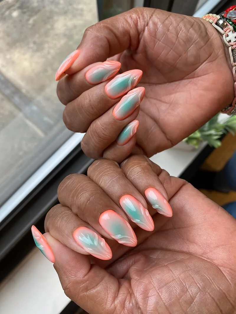 Peach to Aqua Jelly Gradient Stilettos — Builder Gel Nails