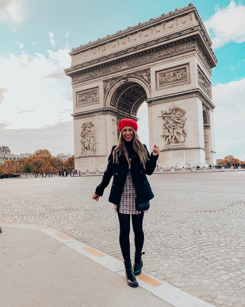 Plaid Mini Dress with Black Coat and Red Beret Plaid Mini Dress with Black Coat and Red Beret — Paris Outfits