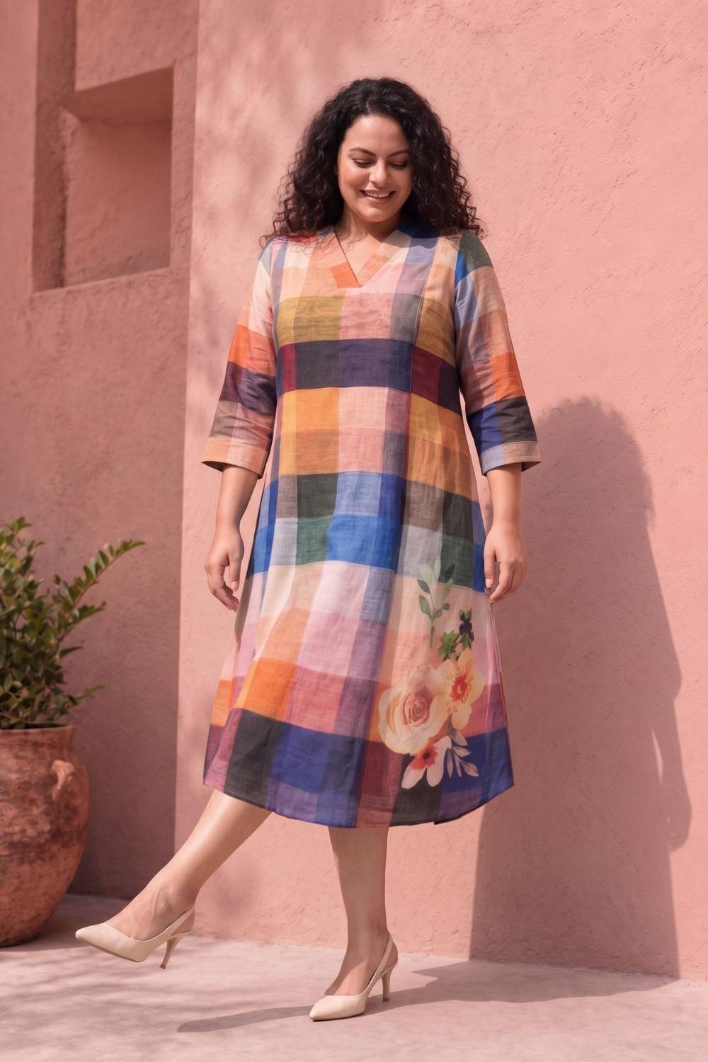 Vibrant Plaid and Floral Midi Dress for Daywear — Curvy Outfits