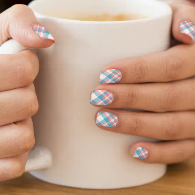 Pink Blue White Plaid Short Squares Pink Blue White Plaid Short Squares — Preppy Nails