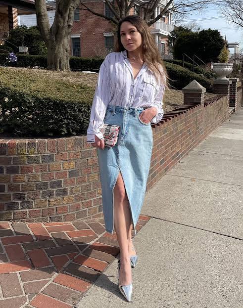 Denim Midi Skirt with a Pinstripe Button-Down Shirt Denim Midi Skirt with a Pinstripe Button-Down Shirt — Petite Outfits
