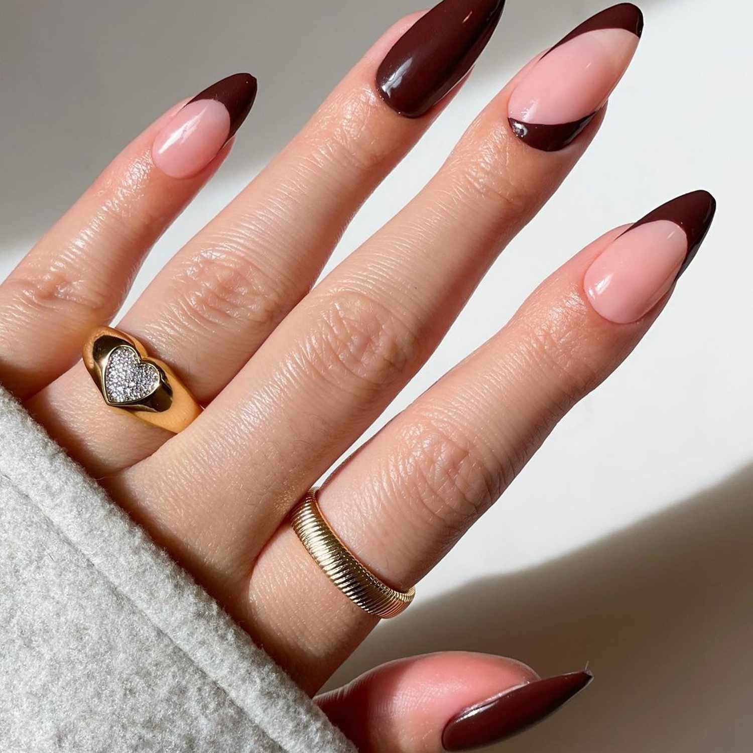 Edgy Asymmetrical Brown Stiletto Tips — Brown French Tip Nails