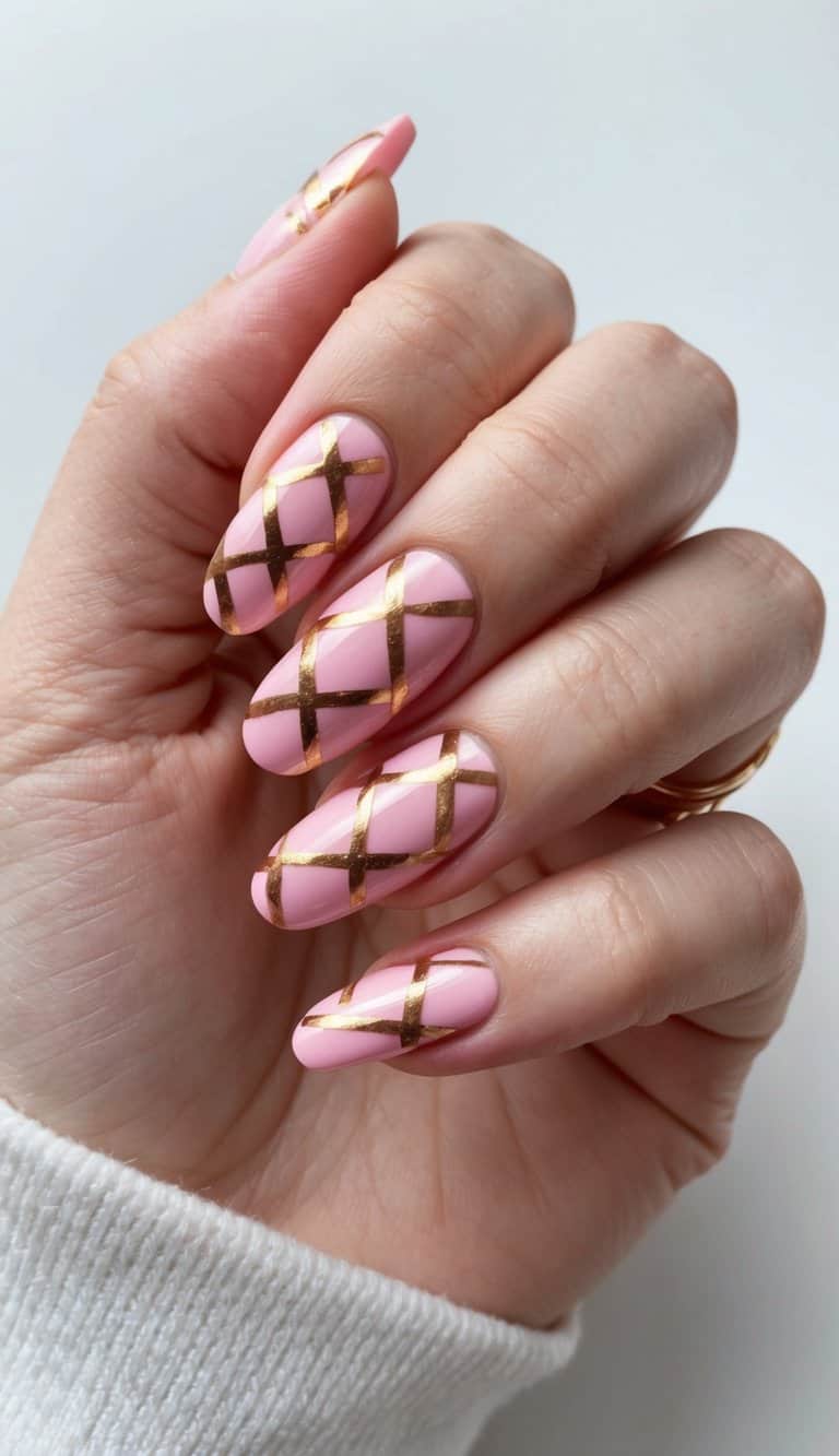 Soft Pink Nails with Gold Geometric Lattice Soft Pink Nails with Gold Geometric Lattice — Rose Gold Nails