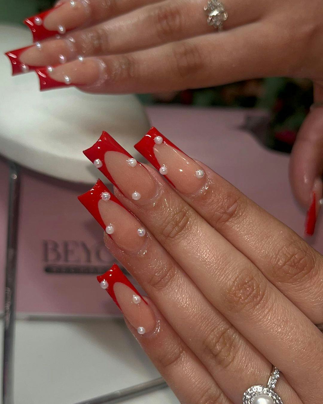Pearls On All Nails Visual Idea — Red French Tip Nails