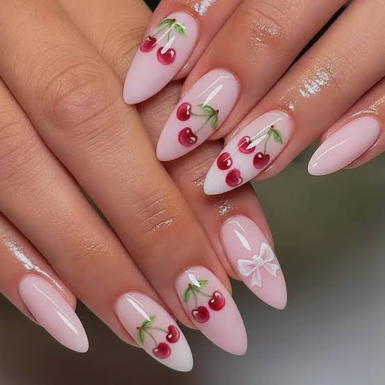 Soft Pink Medium Almonds With Bows Soft Pink Medium Almonds With Bows — Cherry Nails