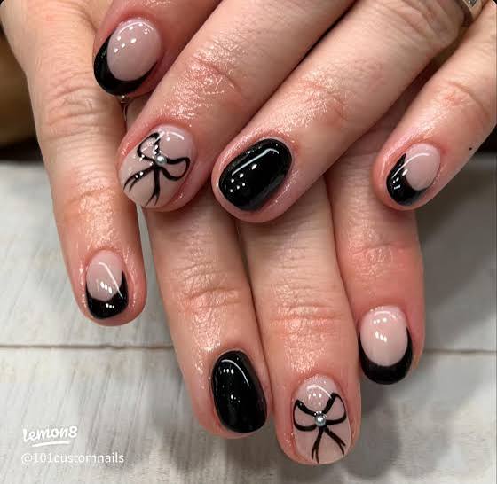 Chic Black Bow Nude French Nails Chic Black Bow Nude French Nails — Bow Nails