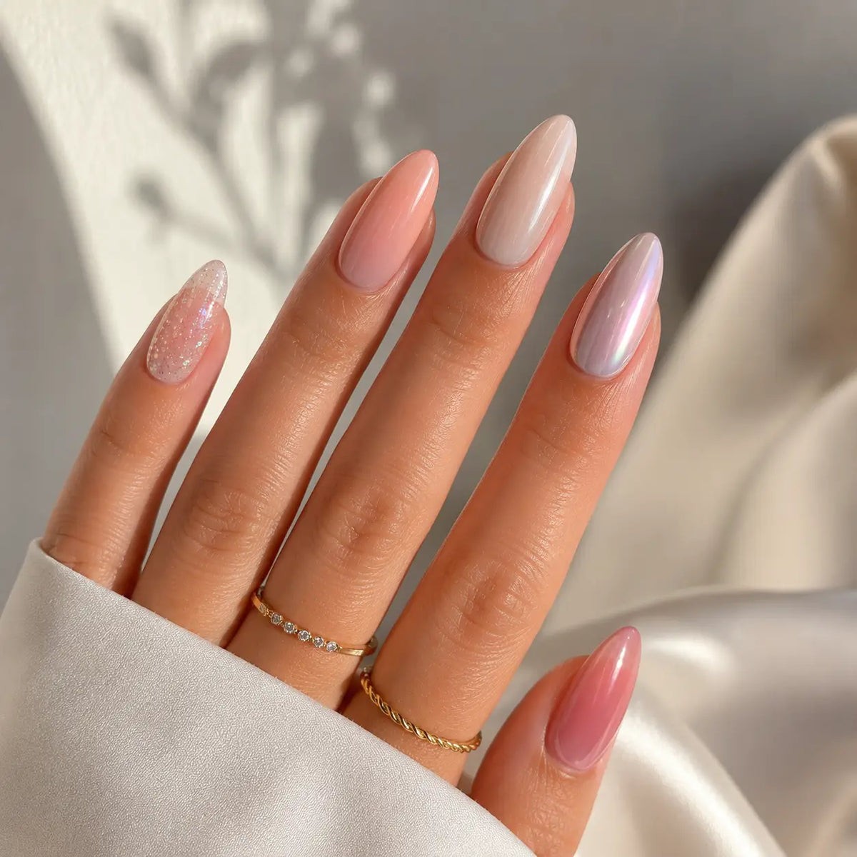 Iridescent Peach Almond Nails — Nail Shapes